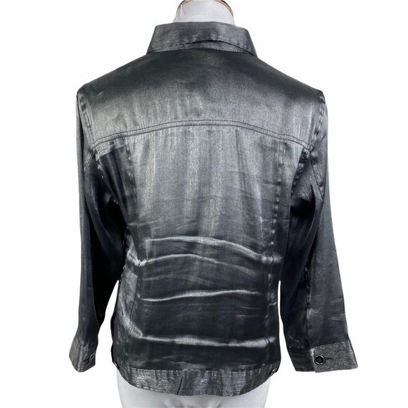 Ruby Rd. Metallic Button Down Shirt Women's 12 Gray Shiny 3/4 Sleeve Button Cuff - Picture 2 of 9